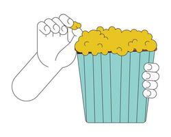 Eating popcorn linear cartoon character hand illustration. Holding bucket with popcorn outline 2D vector image, white background. Eating snacks at movie theater editable flat color clipart