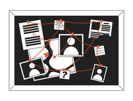 Evidence board with red strings black and white 2D cartoon object. Crime accident investigation. Bulletin pinboard isolated vector outline item. Detective board monochromatic flat spot illustration