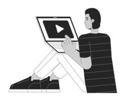 Watching movies on laptop black and white cartoon flat illustration. Latino boy sitting with notebook on knees 2D lineart character isolated. Streaming service monochrome scene vector outline image