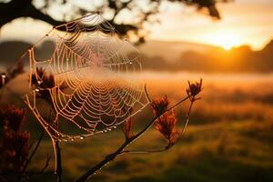 Close up Sunrise backlit dew drops clinging to a delicate spider web. Generative AI photo