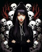 a girl in a hoodie surrounded by skulls generative ai photo