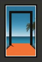a poster with an orange door leading to the beach and palm trees generative ai photo
