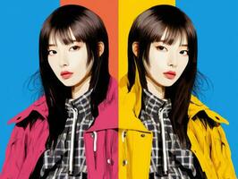 two asian women in colorful jackets one with black hair and the other with long black hair generative ai photo