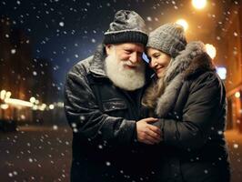 AI Generated Ai generation. Smiling elderly couple hugging against the backdrop of a winter street photo