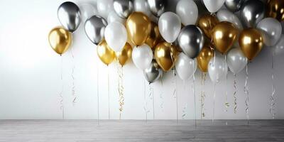 AI Generated AI generation. White, black, gold and silver balloons and confetti on a white photo