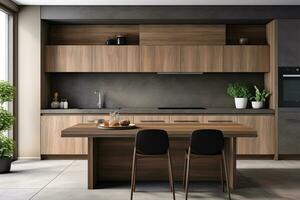 AI Generated AI generation. Sleek and modern, the dark kitchen exudes industrial flair and photo