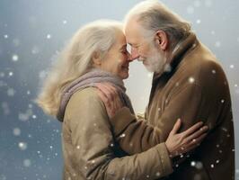 AI Generated Ai generation. Smiling elderly couple hugging against the backdrop of a winter street photo