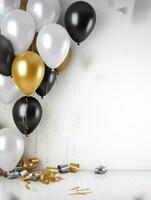 AI Generated AI generation. White, black, gold and silver balloons and confetti on a white photo