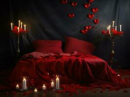 ai generado ai generación. romántico san valentin día antecedentes con cama con rojo ropa de cama, Rosa pétalos foto