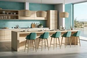 AI Generated Generation AI. A sleek and modern bright kitchen with minimalist style and photo