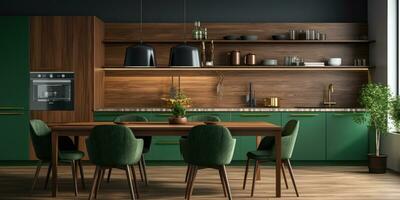 AI Generated AI generation. Sleek and modern, the dark kitchen exudes industrial flair and photo