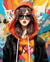 a painting of a girl wearing sunglasses and a hoodie generative ai photo