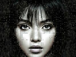 un imagen de un mujeres cara en un computadora pantalla generativo ai foto