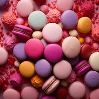 colorful macarons on a pink background generative ai photo