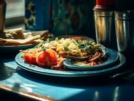 chicken tikka masala on a blue plate generative ai photo