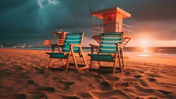 two beach chairs sit on the sand at sunset generative ai photo