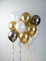 AI Generated AI generation. White, black, gold and silver balloons and confetti on white background photo