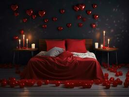 AI Generated AI generation. Romantic Valentines Day background with bed with red linens, rose petals photo