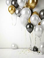 AI Generated AI generation. White, black, gold and silver balloons and confetti on white background photo