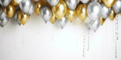 ai generado ai generación. blanco, oro y plata globos y papel picado en blanco antecedentes foto