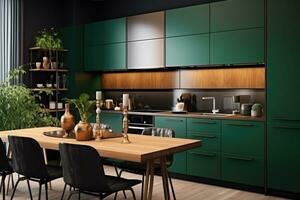 AI Generated AI generation. Sleek and modern, the dark kitchen exudes industrial flair and photo