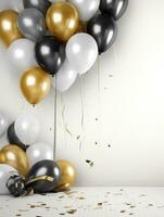 AI Generated AI generation. White, black, gold and silver balloons and confetti on white background photo