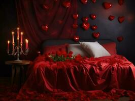 AI Generated AI generation. Romantic Valentines Day background with bed with red linens, rose petals photo