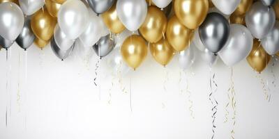 AI Generated AI generation. White, gold and silver balloons on white background. Holiday and photo