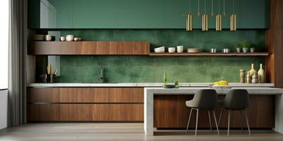 AI Generated Generation AI. A sleek and modern bright kitchen with minimalist style and photo