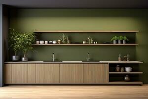 AI Generated Generation AI. A sleek and modern bright kitchen with minimalist style and photo