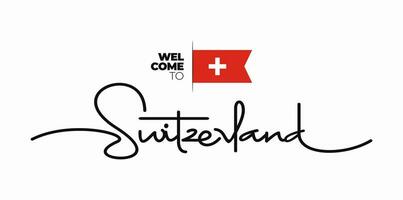 Welcome to Switzerland modern calligraphic text. handwritten with flag isolated on white background. Swiss lettering style, script, line drawing, signature, calligraphy, monoline. Vector Illustration