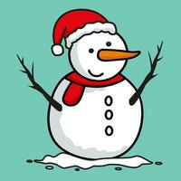 hand drawn snowman with santa claus hat illustration vector