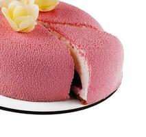 Pink cheese cake on white plate photo