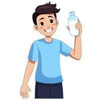 Healthy and happy man is holding a refreshing bottle of water. Flat style cartoon illustration. vector
