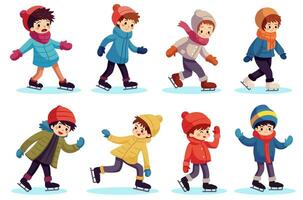 Collection set of happy children wearing colorful winter clothing is ice skating in the winter season. vector