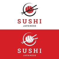 japonés comida Sushi logo diseño con cruzado palillos. logo para restaurante, negocio, bar. vector