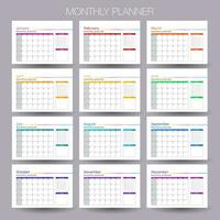 12 month year plan week and day color calendar template design for business vector