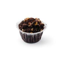 One black chocolate muffins with nuts crumbs isolated photo