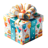 AI generated closeup of colourful decorative wrapped Christmas, birthday gift box with ribbon isolated on transparent background png