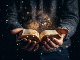 AI Generated Ai generation. Man opened a magic book with growing lights and magic powder. Christmas photo