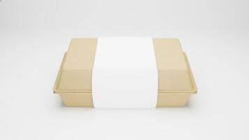 Paper food packaging box with blank label, on white background. photo