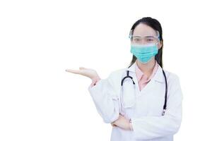 Asian woman doctor wears medical face mask and face shield  to protect Coronavirus Covid 19 or pathogen in health care concept and shows hand up while isolated on white background. photo