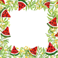 Square frame with caramel watermelon slices, yellow flowers, green leaves. Watermelon with chocolate seeds. Transparent green branches, herbs. Watercolor illustration. Copy space for text png