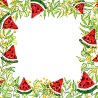 piazza telaio con caramello anguria fette, giallo fiori, verde le foglie. anguria con cioccolato semi. trasparente verde rami, erbe aromatiche. acquerello illustrazione. copia spazio per testo png