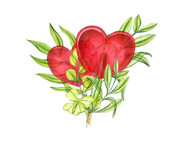 hjärtformade klubbor bland grön transparent löv. romantisk ljus hjärtan. röd, rosa kola, godis about pinne. te löv, eukalyptus gren. vattenfärg illustration för vykort, hälsningar png