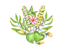 Sweet bouquet with lollipops and green transparent branches of leaves. Heart-shaped candy, spiral caramels. Blue ribbon. Watercolor illustration for candy shop, decoration, greeting png