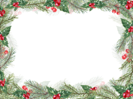 Kerstmis net takken. groen ilex bladeren met bundel van rood bessen. kader met Spar, groenblijvend plant, hulst bladeren. kopiëren ruimte voor tekst. waterverf illustratie voor label, pakket, hartelijk groeten. png