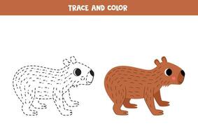 Trace and color cartoon brown capybara. Worksheet for children. vector