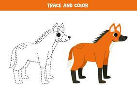 Trace and color cartoon maned wolf. Worksheet for children. vector