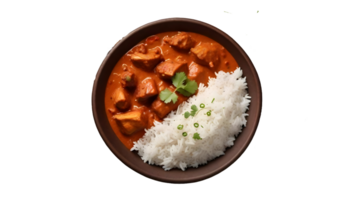 AI generated Mutton curry with rice in a clay plate - PNG